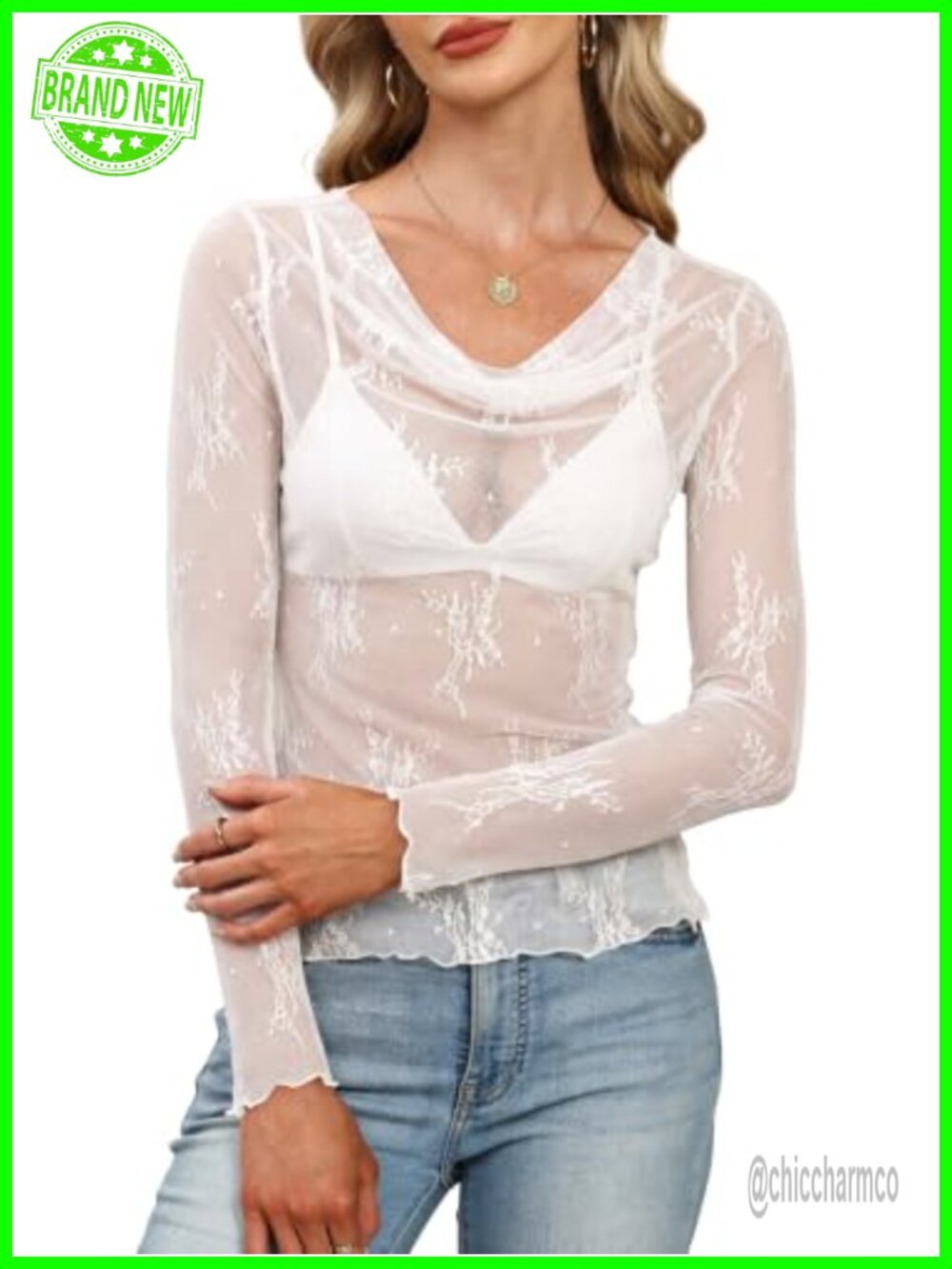 Womens Mesh Cowl Neck Lace Long Sleeve Sheer Shirt Slim Fitted Top